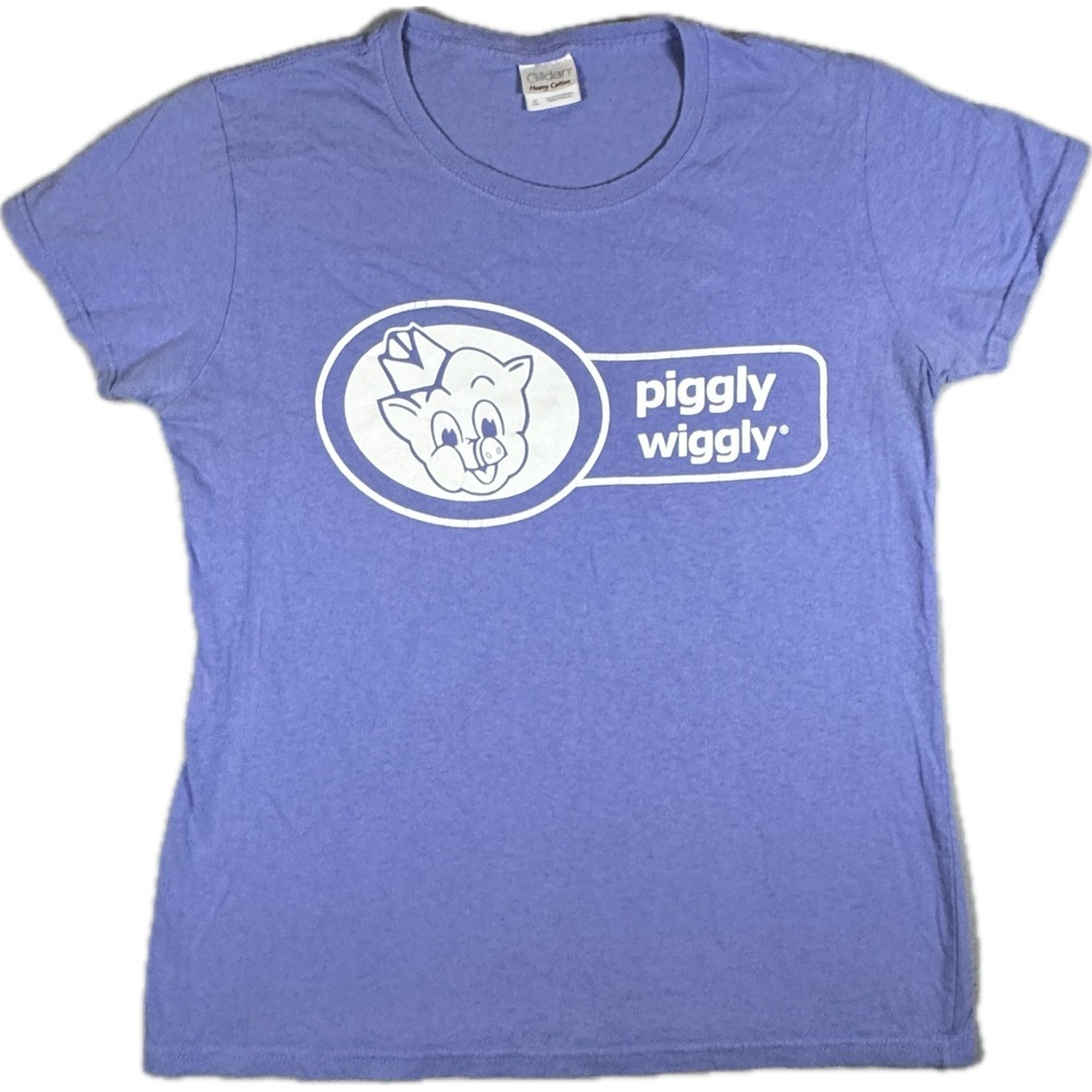 Piggly Wiggly T-Shirt Women Medium Purple Graphic Tee Peace Love Pig Southern